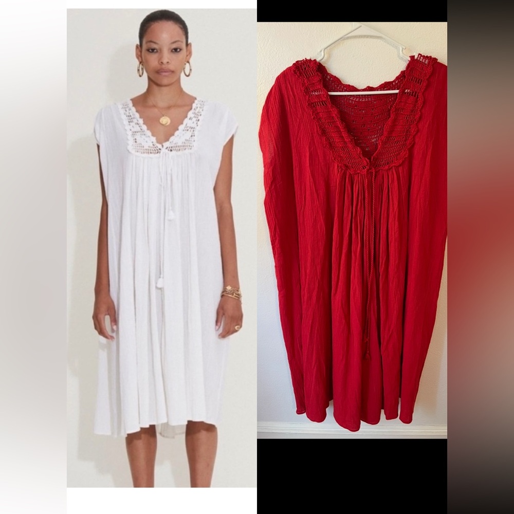 SUZIE KONDI Red V Neck Crochet Midi Cotton Gause Dress Size XS